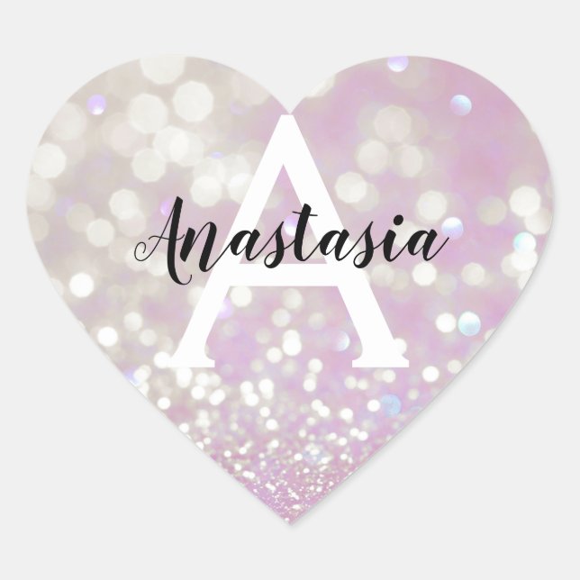Girly Lilac Shimmer Glitter Sparkles Monogram Name Heart Sticker (Front)