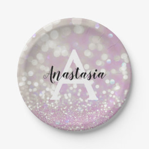 Girly Lilac Shimmer Glitter Sparkles Monogram Name Paper Plate