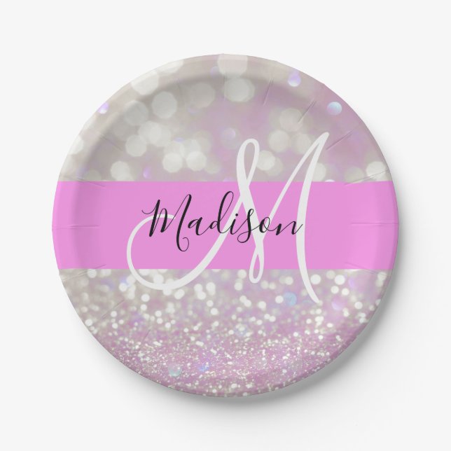 Girly Lilac Shimmer Glitter Sparkles Monogram Name Paper Plate (Front)