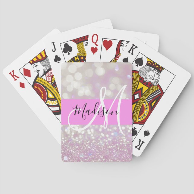 Girly Lilac Shimmer Glitter Sparkles Monogram Name Playing Cards (Back)