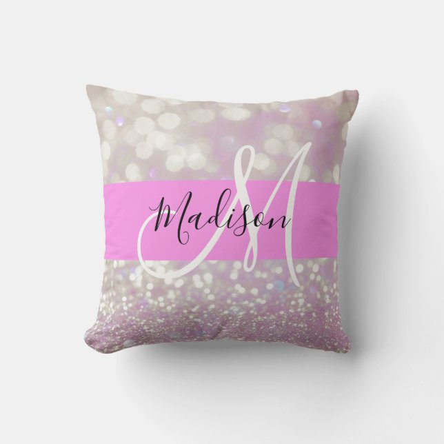 Girly Lilac Shimmer Glitter Sparkles Monogram Name Throw Pillow (Front)