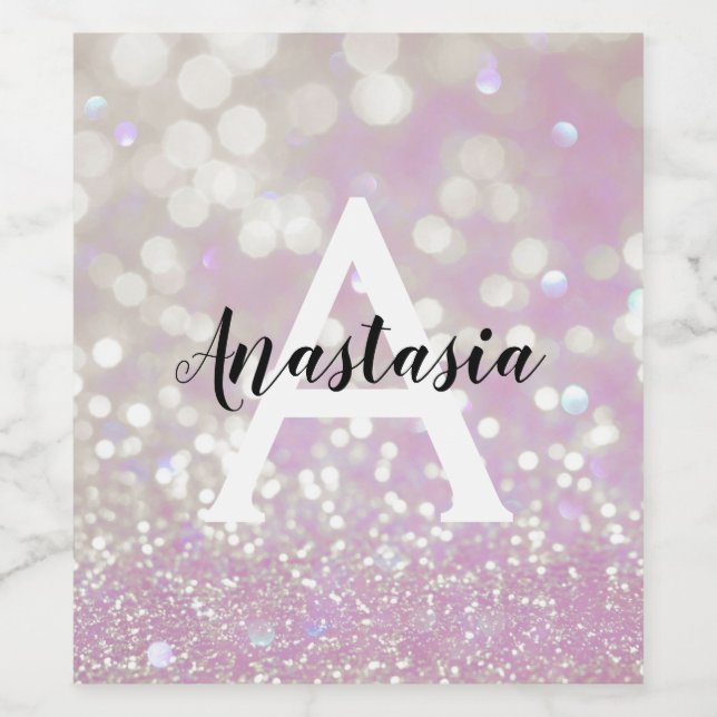 Girly Lilac Shimmer Glitter Sparkles Monogram Name Wine Label (Single Label)