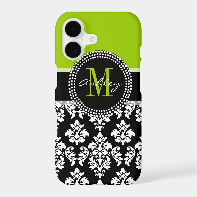Girly Lime Green Black Damask Pattern Monogram (Back)