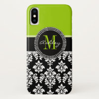Girly Lime Green Black Damask Pattern Monogram