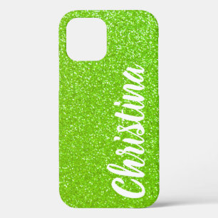 Girly Lime Green Glitter Name Personalized iPhone 12 Case