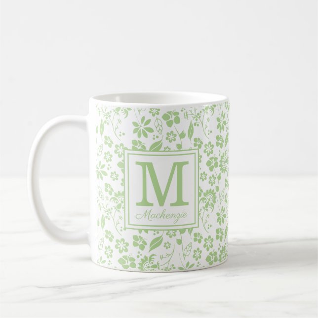 Girly Lime Green Tropical Flowers Monogram Coffee Mug (Left)