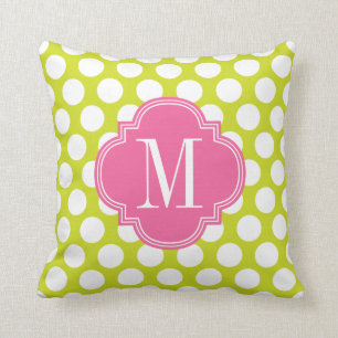 Girly Lime & Pink Big Dots Monogrammed Throw Pillow