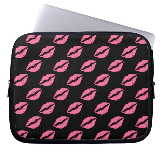 Girly Lips Hot Pink And Black  Kiss Pattern Laptop Sleeve (Front)
