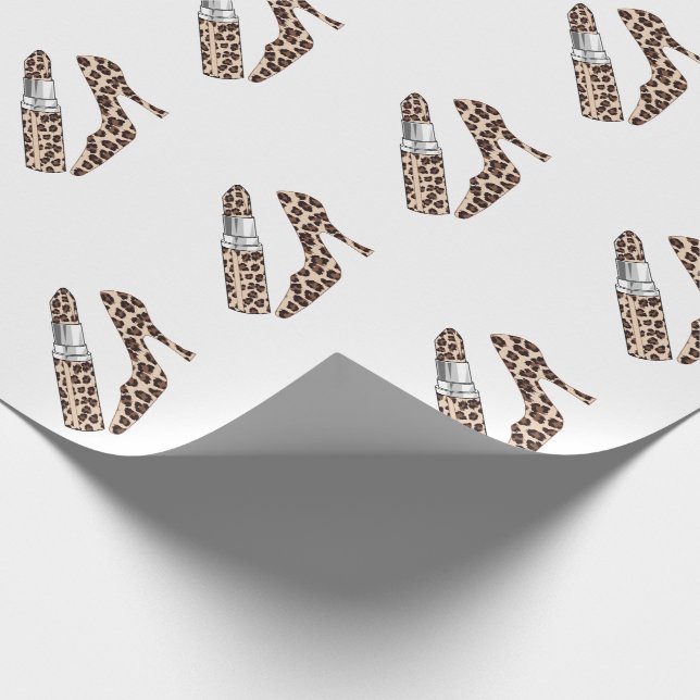 Girly lipstick and shoe leopard print wrapping paper (Corner)