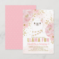 Girly Llama Birthday Pink Gold Floral Alpaca Party
