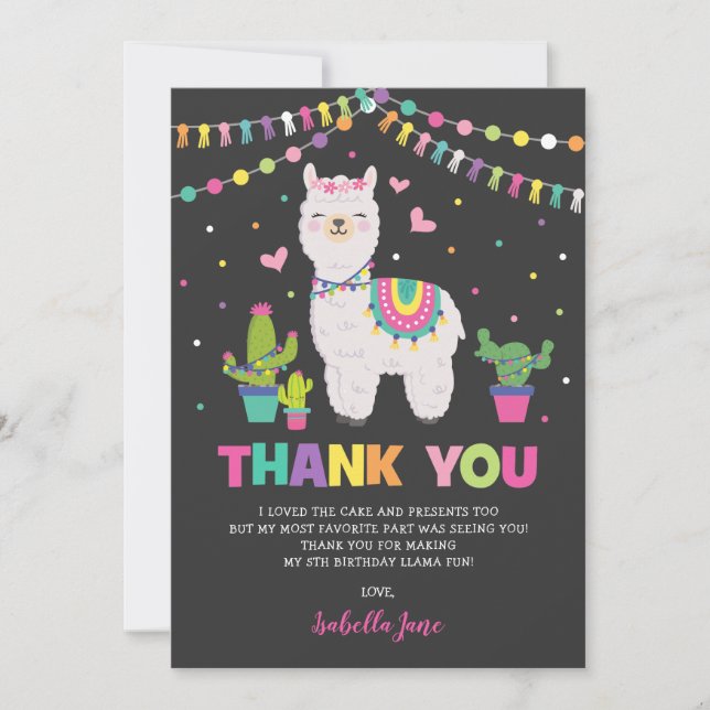 Girly Llama Fiesta Cactus Birthday Party Thank You Card (Front)
