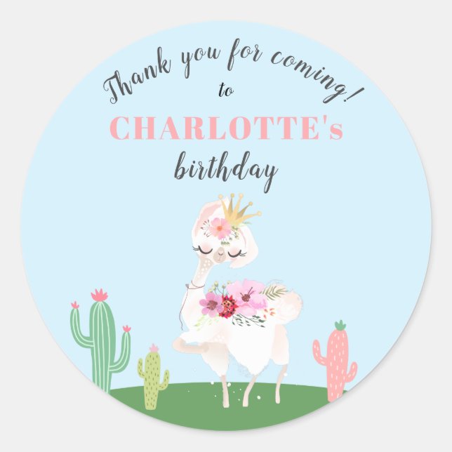 Girly Llama Floral Cactus Birthday Party Thank You Classic Round Sticker (Front)