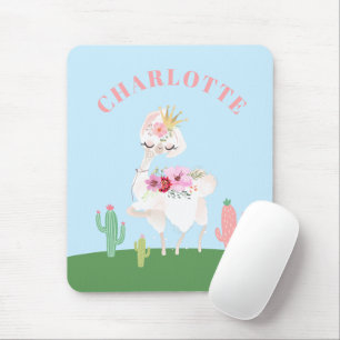 Girly Llama Floral Cactus Mouse Pad