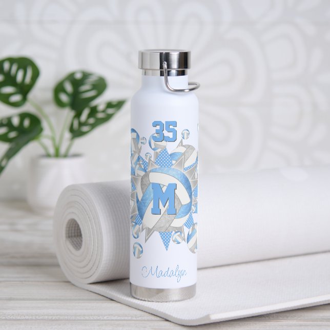girly lt blue grey volleyballs and stars  water bottle (Yoga)