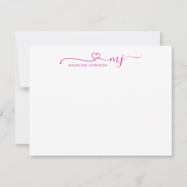 Girly Magenta Pink Heart Script Name Monogram Card (Front)