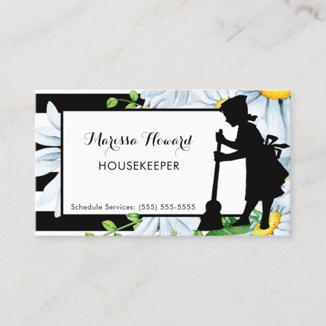 Girly Maid Stripes and Daisy Floral Housekeeper Business Card (Front)