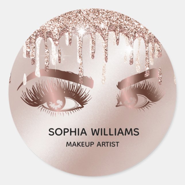 girly makeup eyes rose gold drips glitter classic round sticker (Front)
