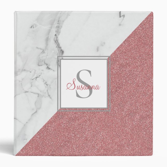 Girly Marble Blush Pink Glitter Monogram Elegant Binder (Front)