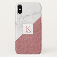 Girly Marble Blush Pink Glitter Monogram Geometric