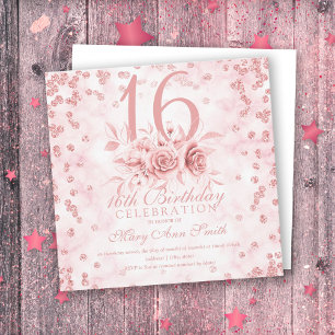 Girly Marble Glitter Rose Gold Floral Sweet 16th I
