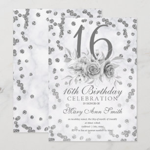 Girly Marble Glitter Silver Floral Sweet 16th Invitation