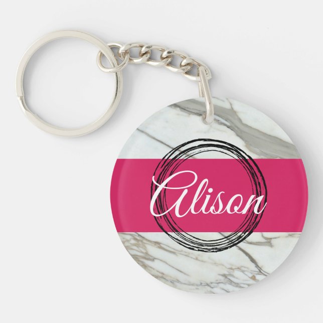 Girly marble pink custom name design keychain (Front)