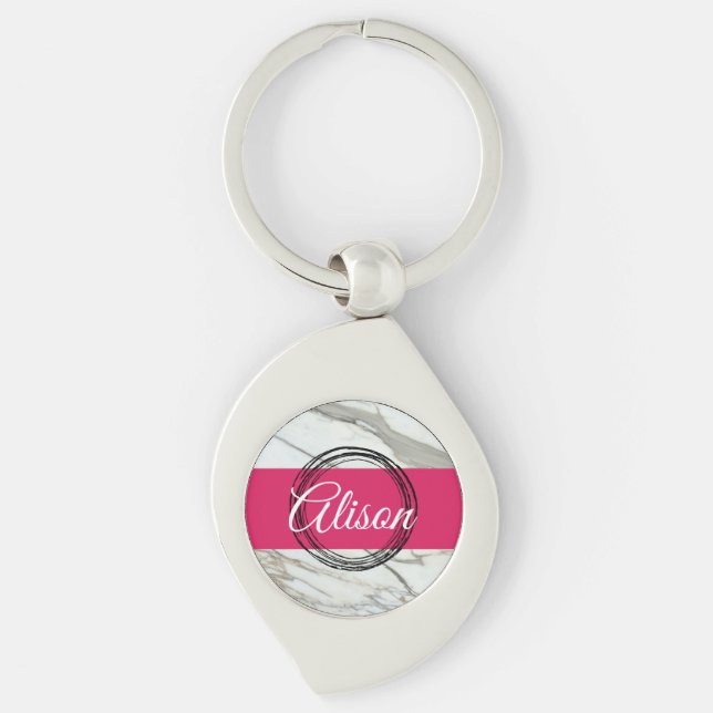 Girly marble pink custom name minimal design keychain (Front)