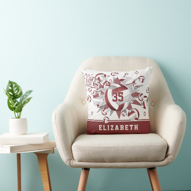 girly maroon grey volleyballs stars athlete name throw pillow (Chair)