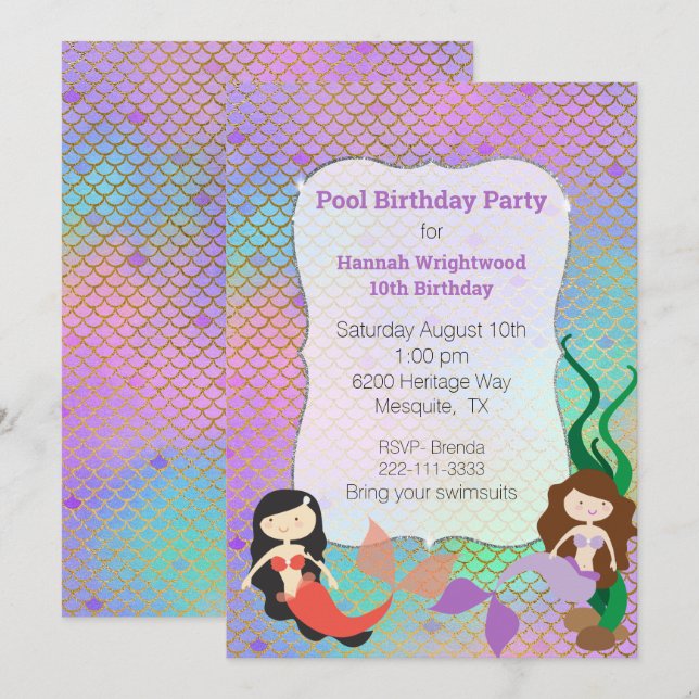 Girly Mermaid Birthday Pool Party Invitation (Front/Back)