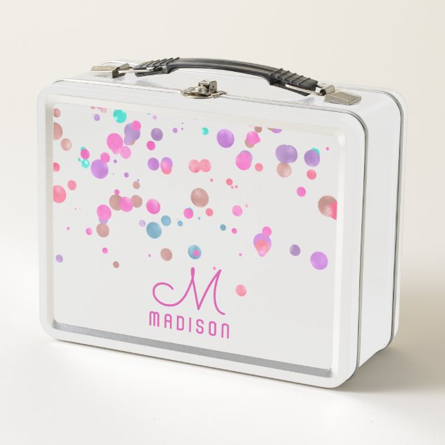 Girly Mermaid Glitter & Foil Confetti Monogram Metal Lunch Box (Front)
