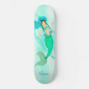 Girly Mermaid Green Tail Blue Skateboard