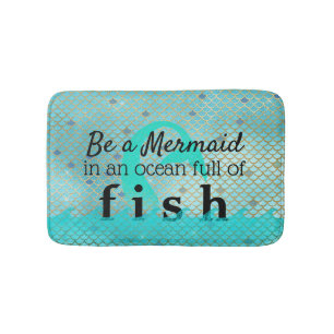Girly Mermaid Quote Teal Gold Bath Mat