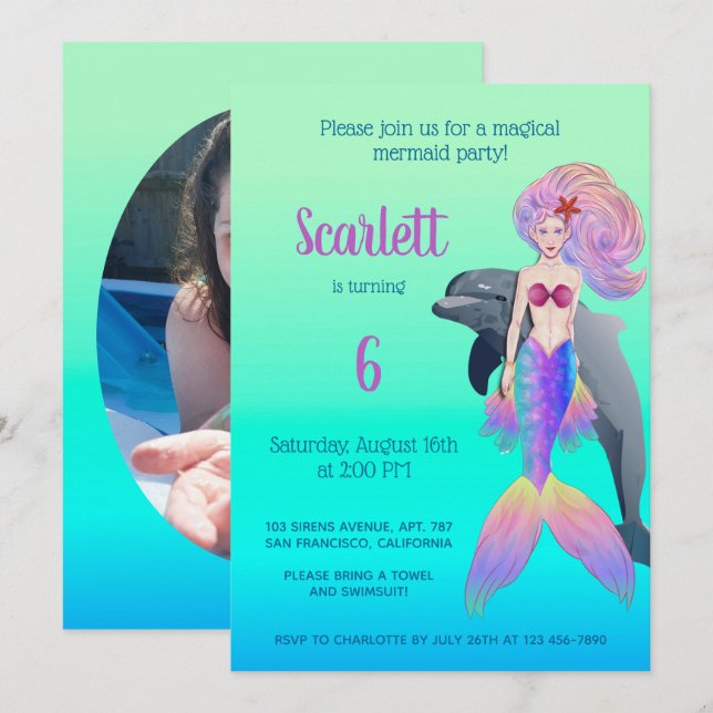 Girly Mermaid Rainbow Fairytale Birthday Photo  Invitation (Front/Back)