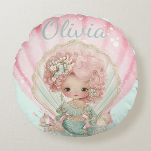 Girly Mermaid Seashell Lovers Name  Round Pillow