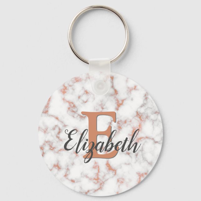 Girly Metallic Copper Marble Monogram Keychain (Front)