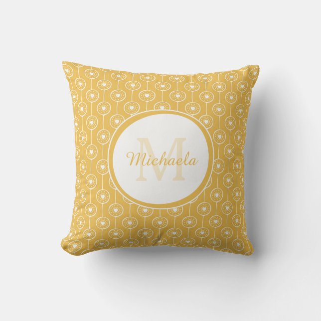 Girly Mimosa Yellow Monogrammed Name Heart Dots Throw Pillow (Front)