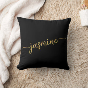Girly Minimal Black and Gold Monogram Name Script Throw Pillow