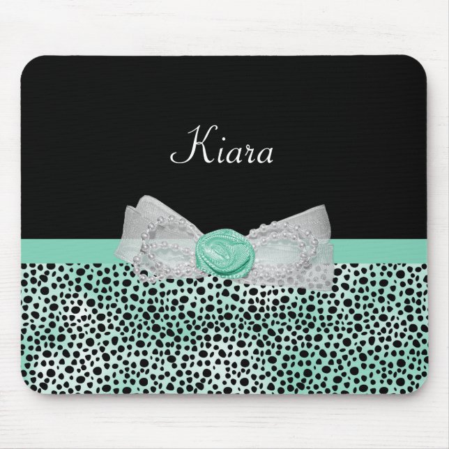 Girly Mint Cheetah Print Cute Rose Bow and Name Mouse Pad (Front)