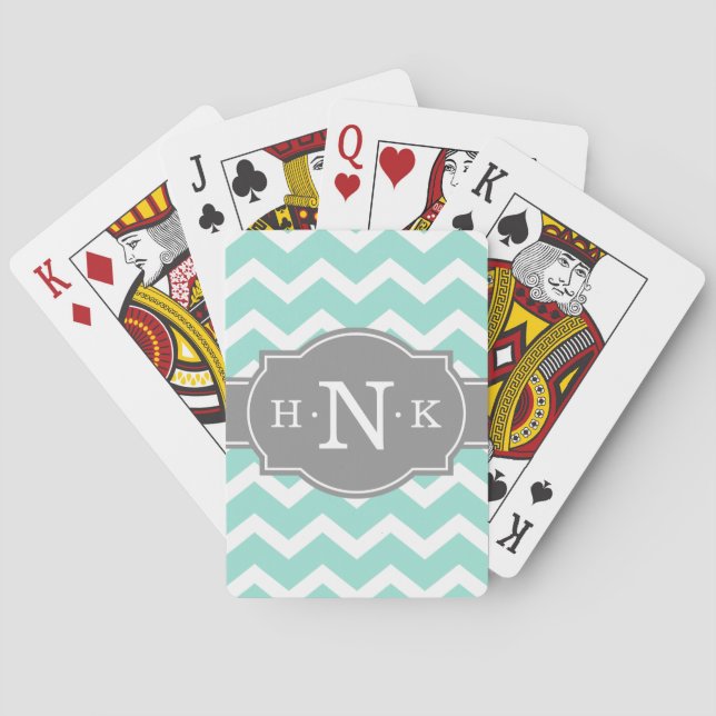 Girly Mint Chevron Grey Monogram Playing Cards (Back)