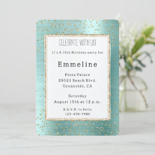 Girly Mint Glam Gold Sparkle Confetti Birthday Invitation