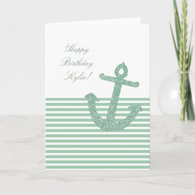 Girly Mint Glitter Anchor Birthday Card (Front)