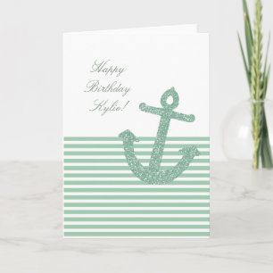 Girly Mint Glitter Anchor Birthday Card