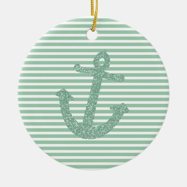 Girly Mint Glitter Anchor Ceramic Ornament (Front)