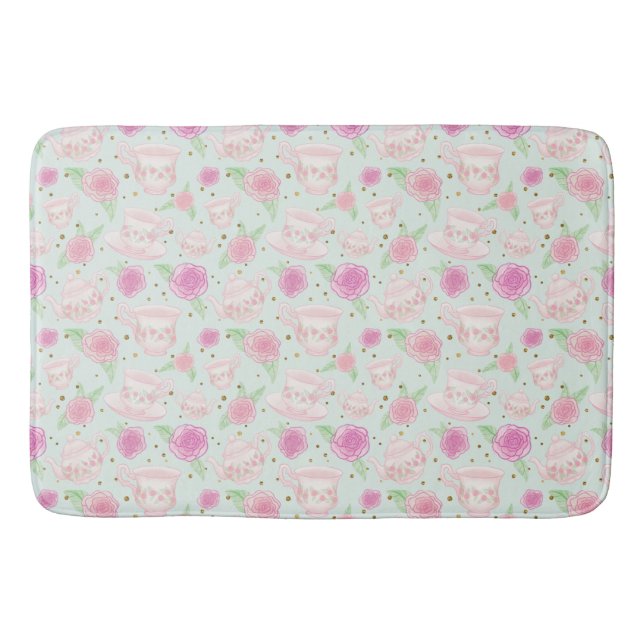 Girly Mint Gold Floral Tea Party Pattern Bath Mat (Front)