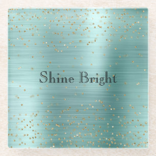 Girly Mint Gold Glam Sparkle Confetti Glass Coaster