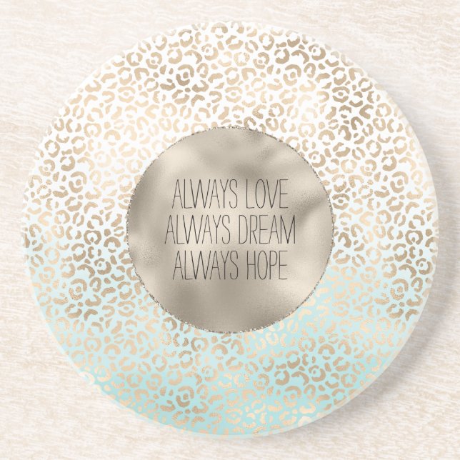 Girly Mint Gold Ombre Leopard Print Coaster (Front)