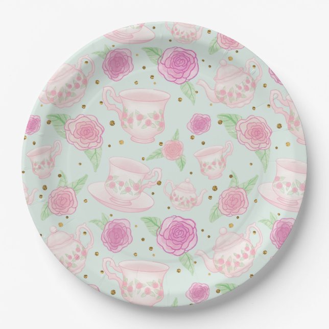 Girly Mint Gold Tea Party Paper Plate (Front)