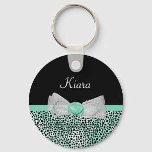 Girly Mint Green Cheetah Print Cute Bow and Name Keychain