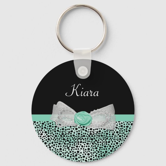 Girly Mint Green Cheetah Print Cute Bow and Name Keychain (Front)