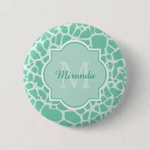 Girly Mint Green Giraffe Print Monogram and Name 2 Inch Round Button